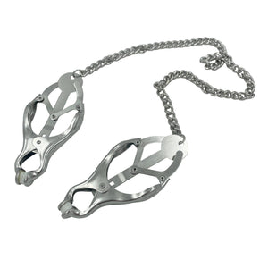 A set of silver BDSM clover nipple clamps with chain