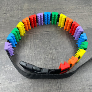 Een BDSM cilice met een zwarte band en spikes in de kleuren van de regenboog