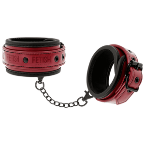 A set of BDSM ankle cuffs made from vegan leather in red and black colour