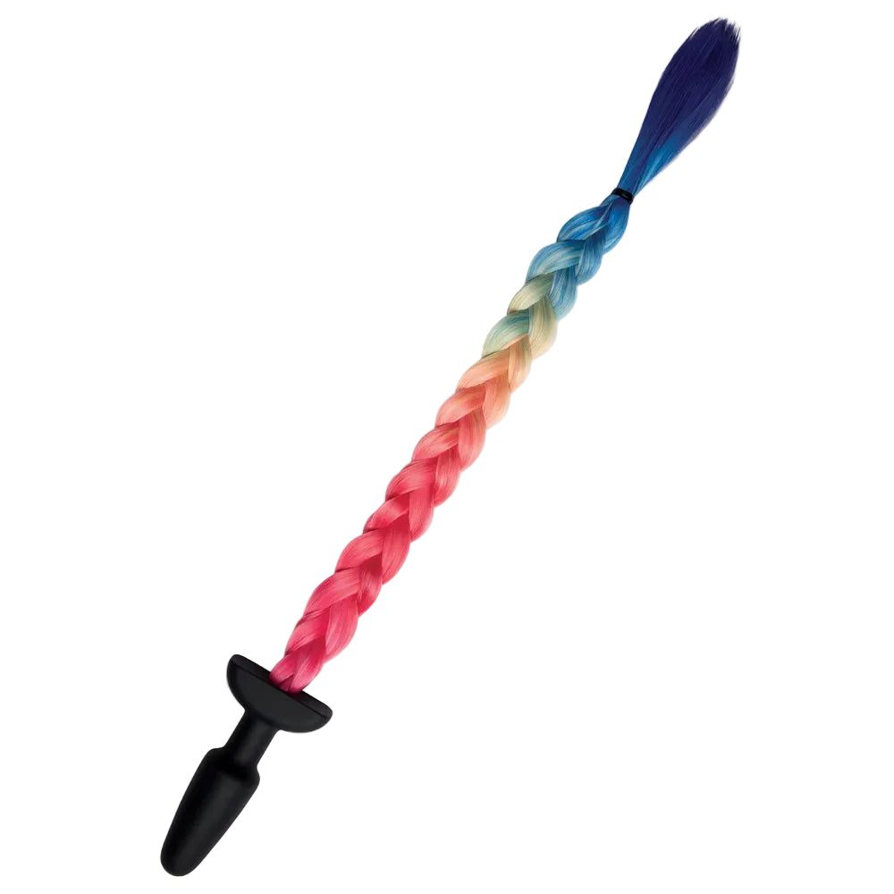 A black butt plug with a tail in rainbow colors
