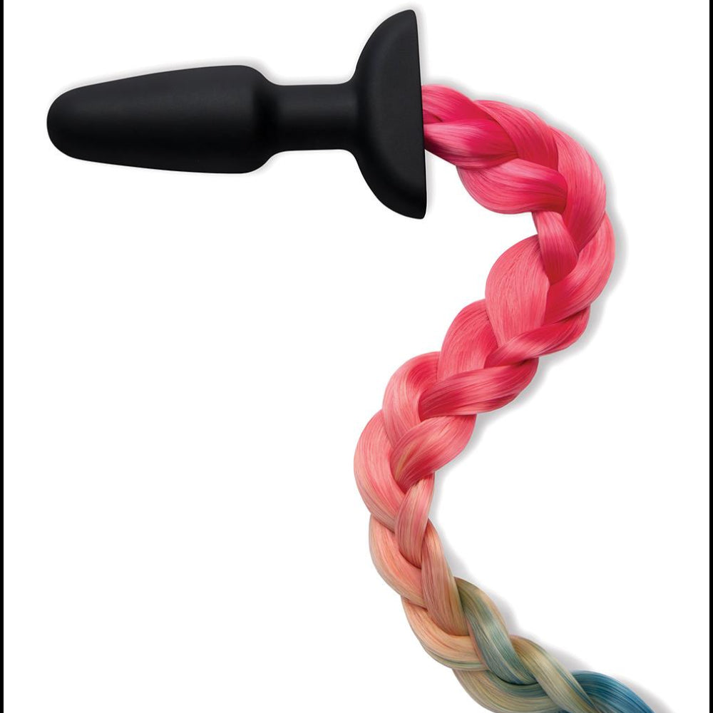 A black butt plug with a tail in rainbow colors
