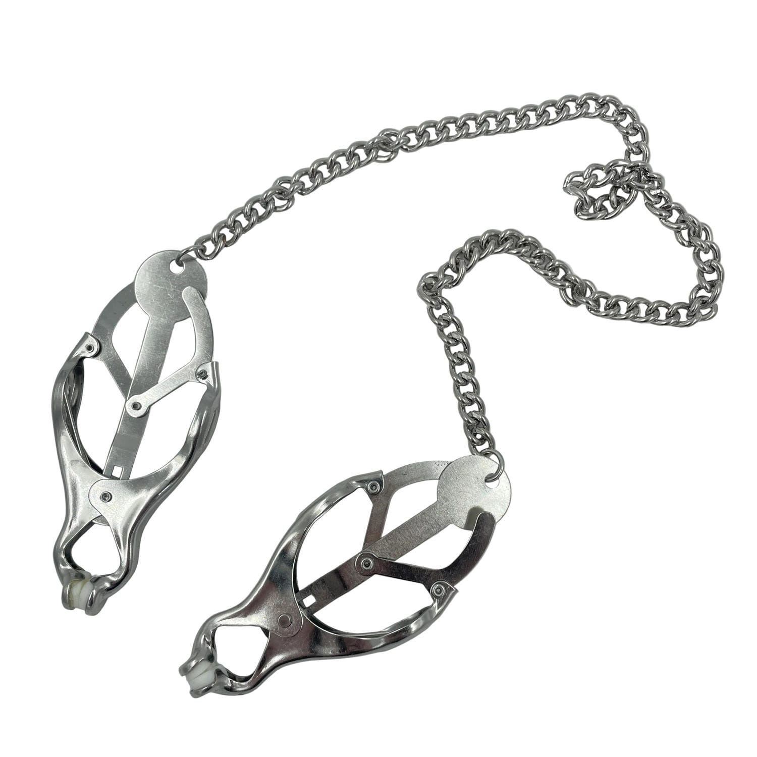 A set of silver BDSM clover nipple clamps with chain
