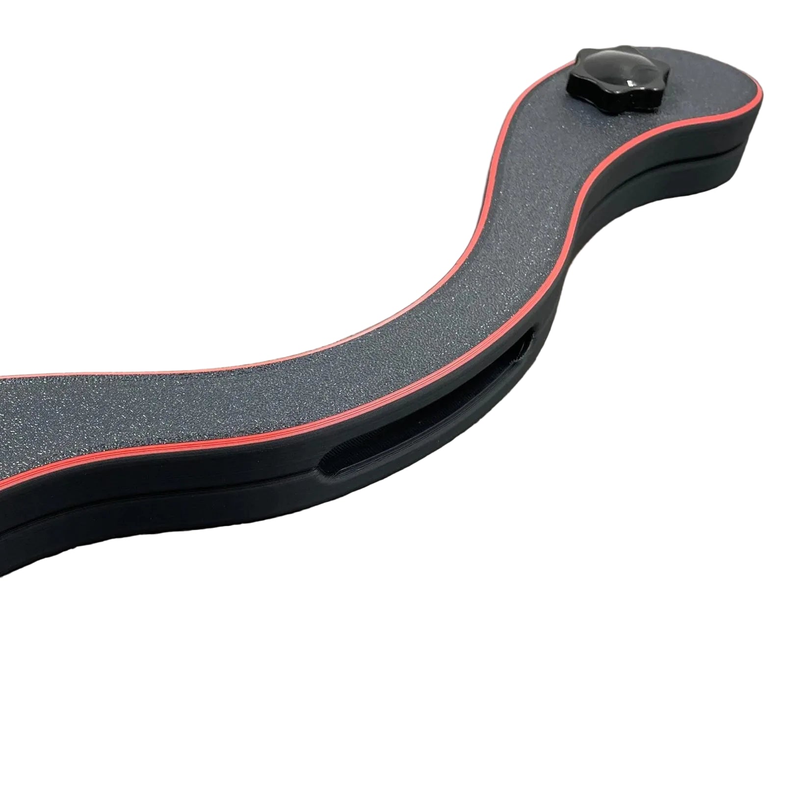 Detailfoto van een BDSM humbler met schroefknoppen in het zwart met rode accenten