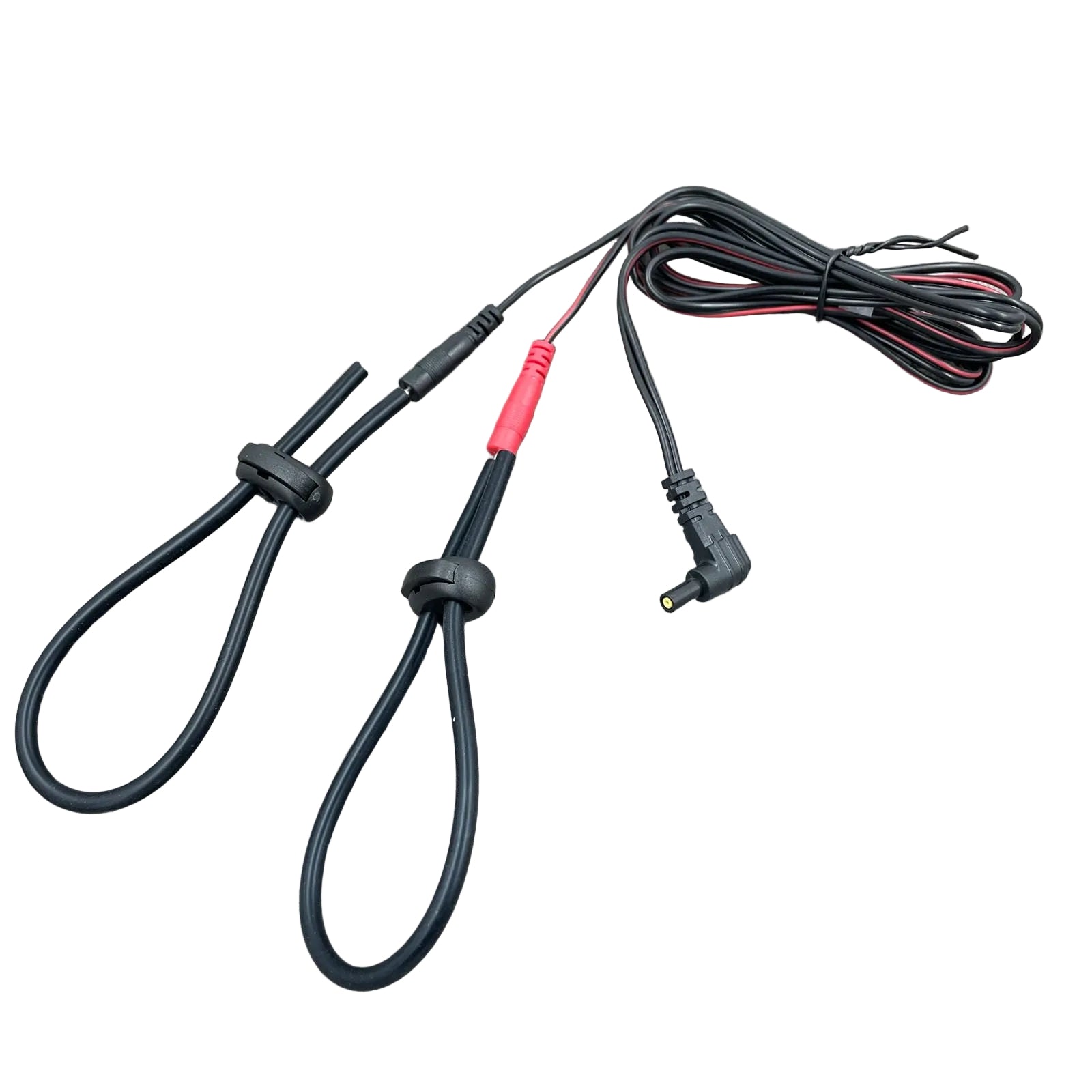 Twee straps van geleidende siliconen voor e-stim met een Mystim kabel