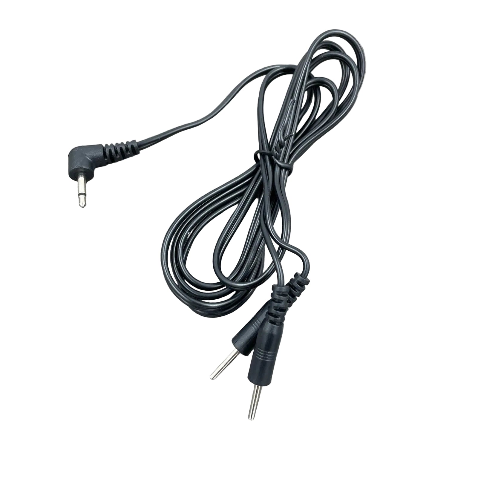 Een zwarte kabel voor e-stim producten met een Rimba plug en twee 2mm pluggen