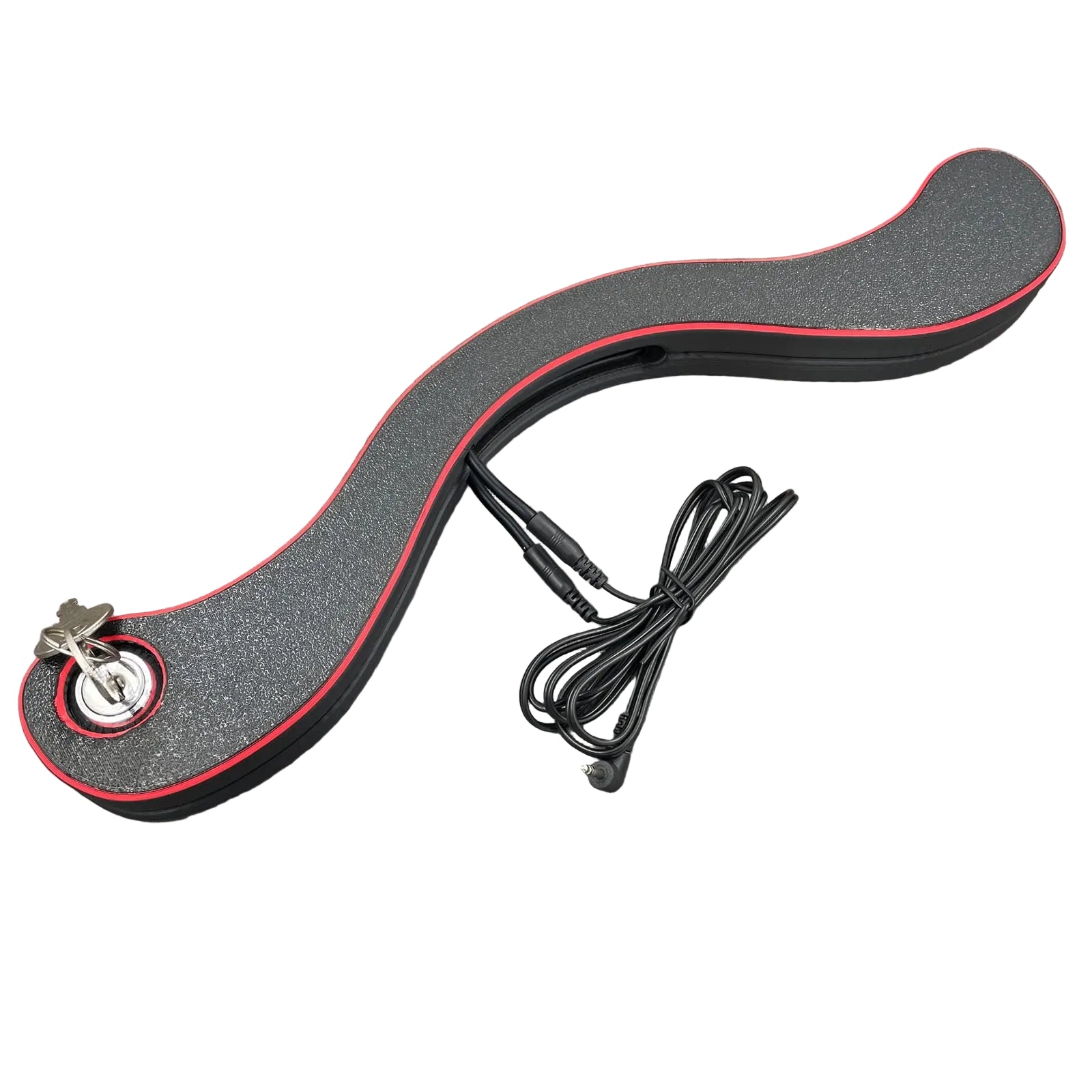 Een BDSM humbler met e-stim functionaliteit in het zwart met rode accenten