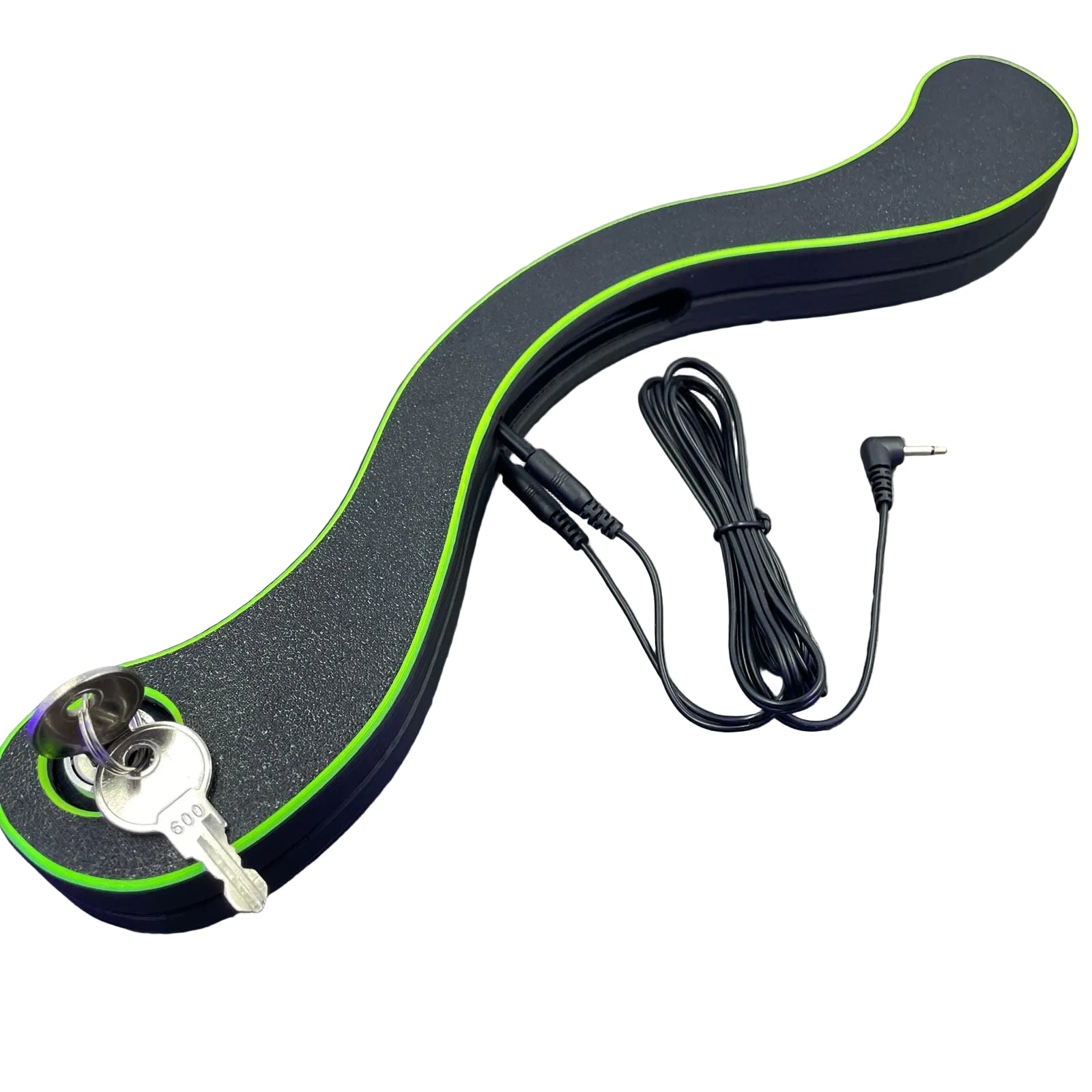 Een BDSM humbler met e-stim functionaliteit in het zwart met UV-gele accenten