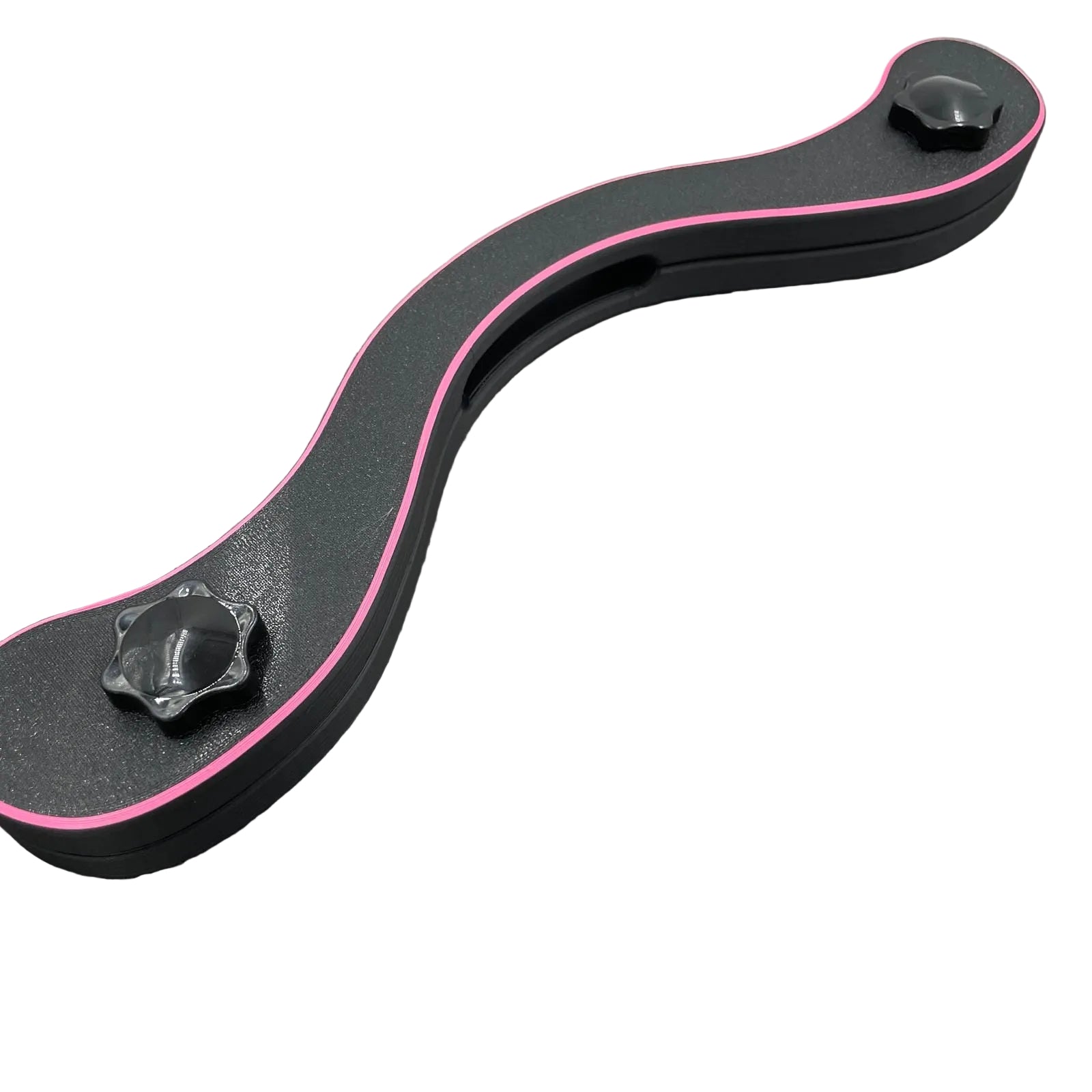 Een BDSM humbler met schroefknoppen in het zwart met roze accenten