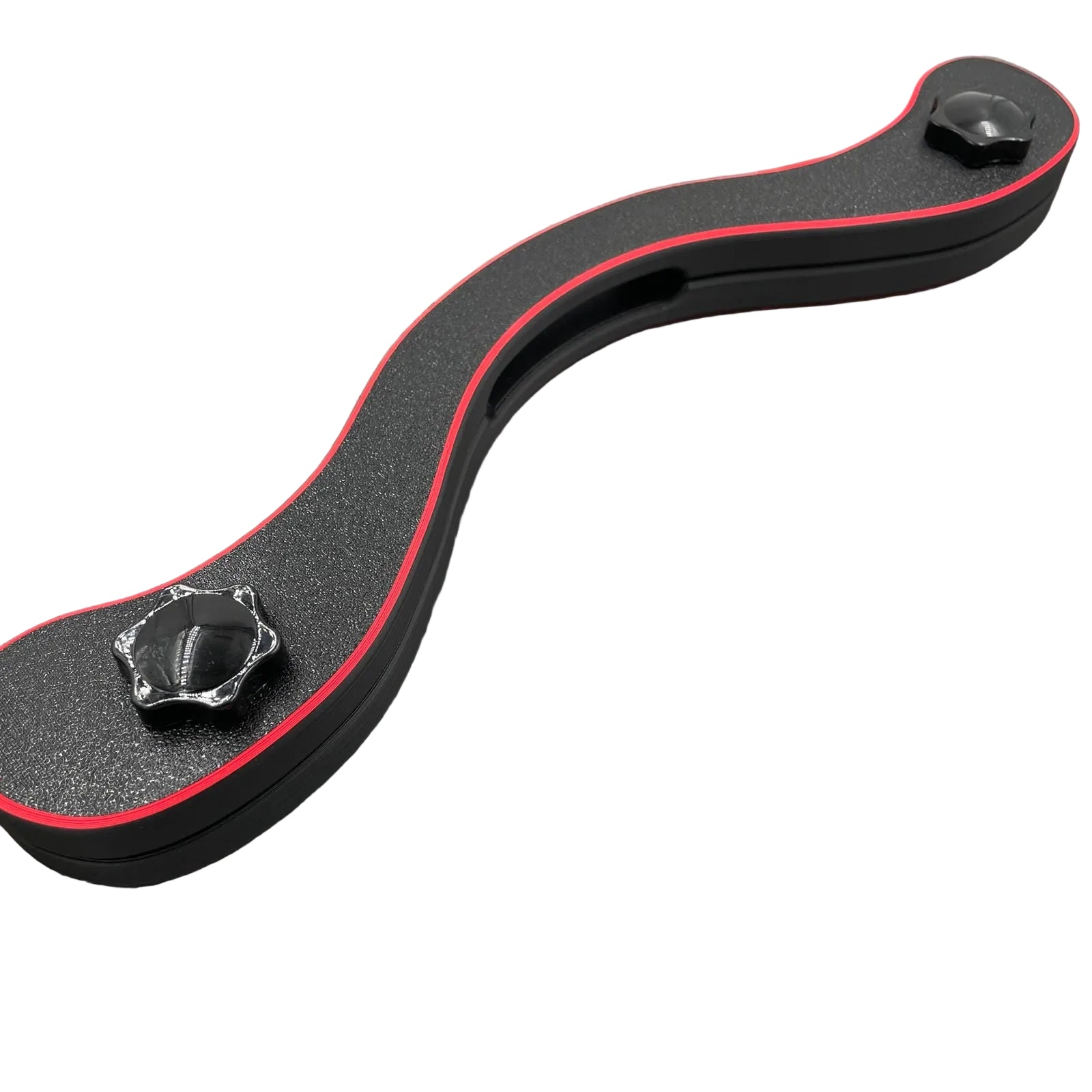 Detailfoto van een BDSM humbler met schroefknoppen in het zwart met rode accenten