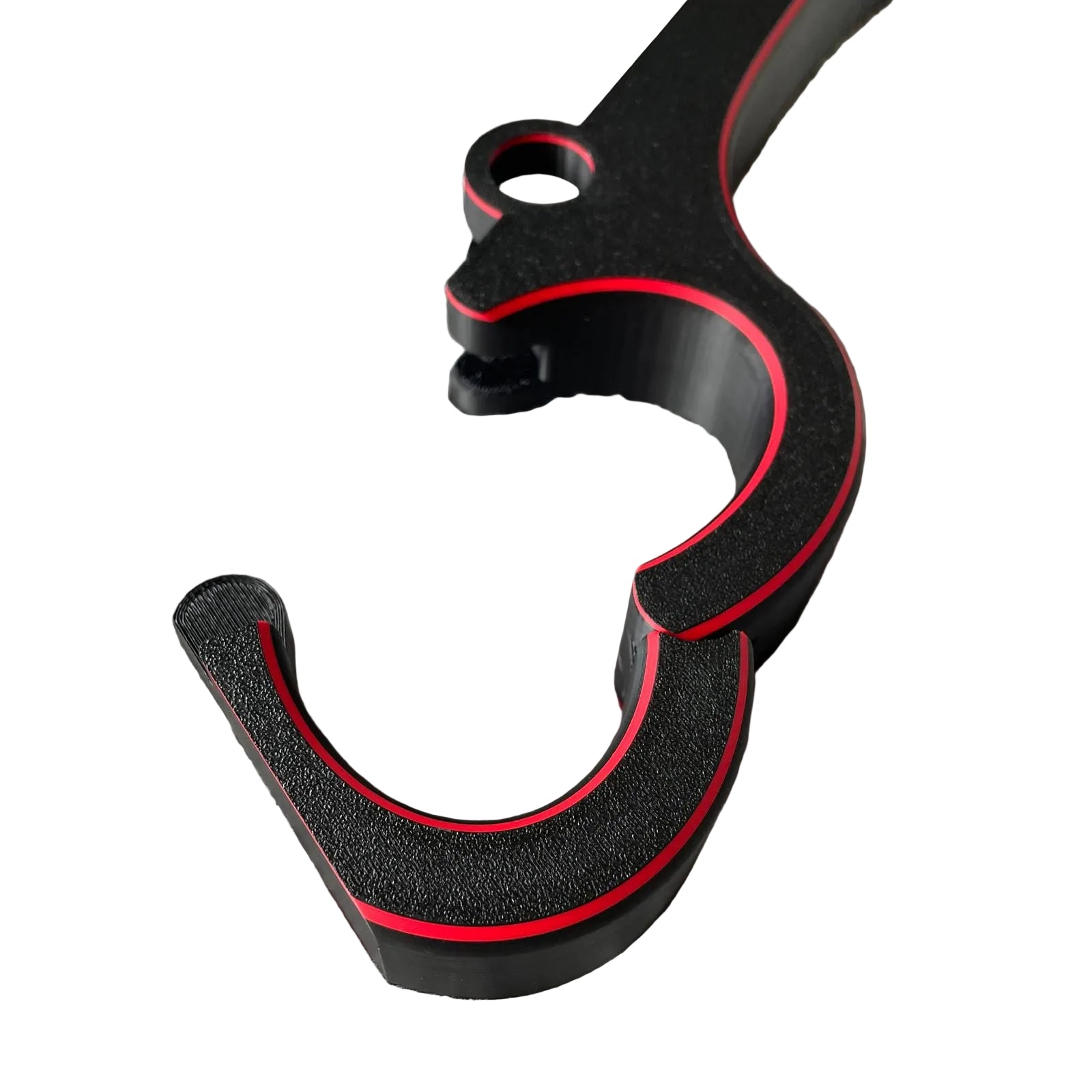 Detailfoto van de polsen van een BDSM rigid fiddle in het zwart met rode accenten