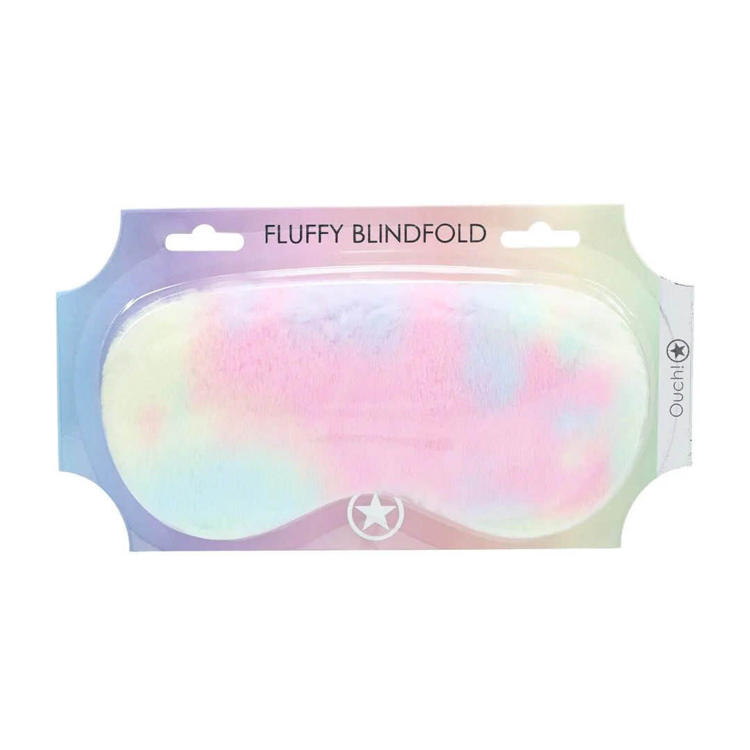 A fluffy blindfold with rainbow colours in it's packaging