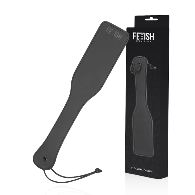 A vegan leather paddle for BDSM in black, with box