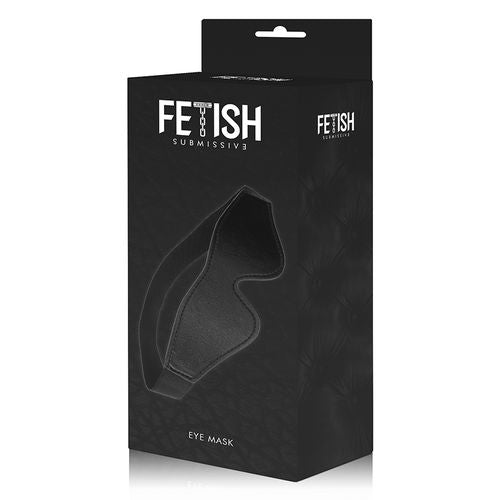 A BDSM blindfold made of vegan leather in black, with box