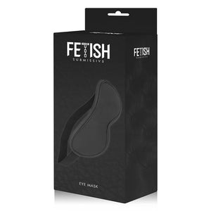A BDSM blindfold made of vegan leather in black, with box