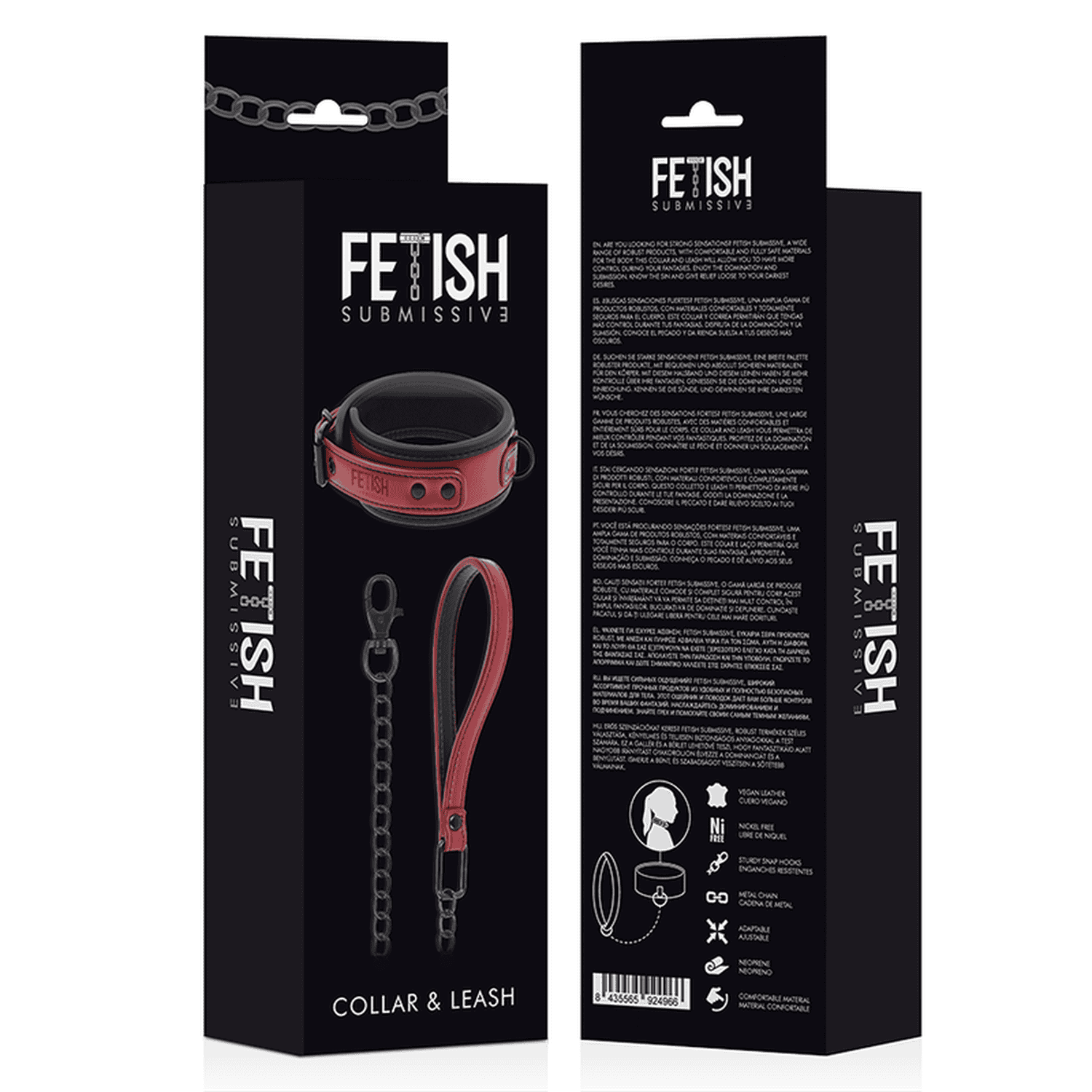 The box of A BDSM collar with leash made from vegan leather in red and black colour