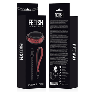 The box of A BDSM collar with leash made from vegan leather in red and black colour