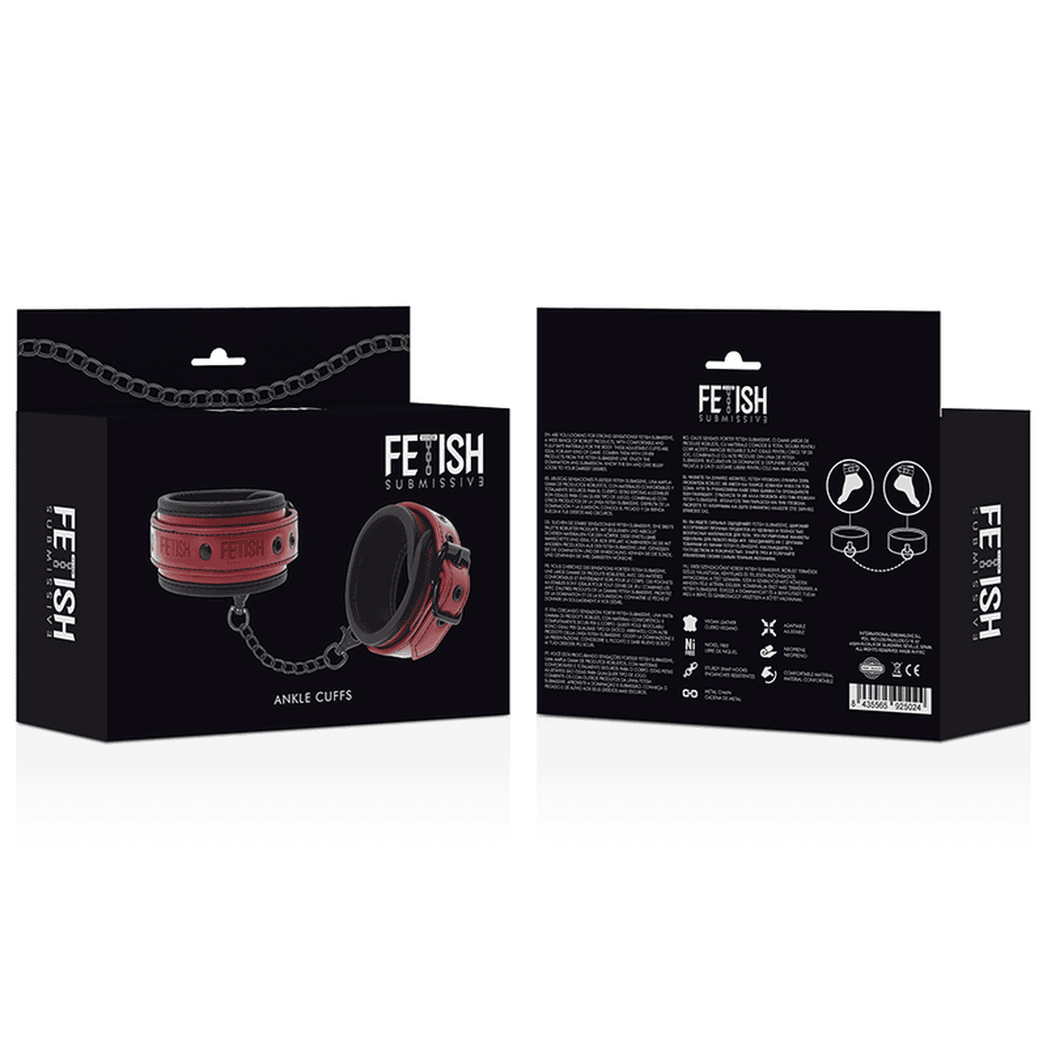The box for a set of BDSM ankle cuffs made from vegan leather in red and black colour