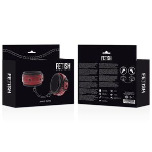The box for a set of BDSM ankle cuffs made from vegan leather in red and black colour