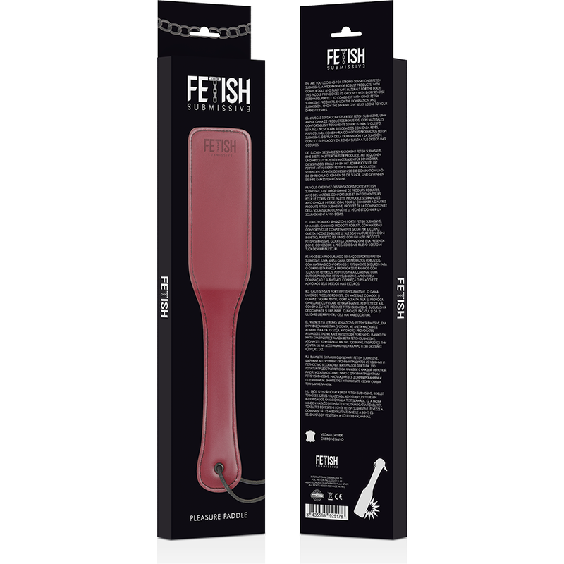 A vegan leather paddle for BDSM in red, with box